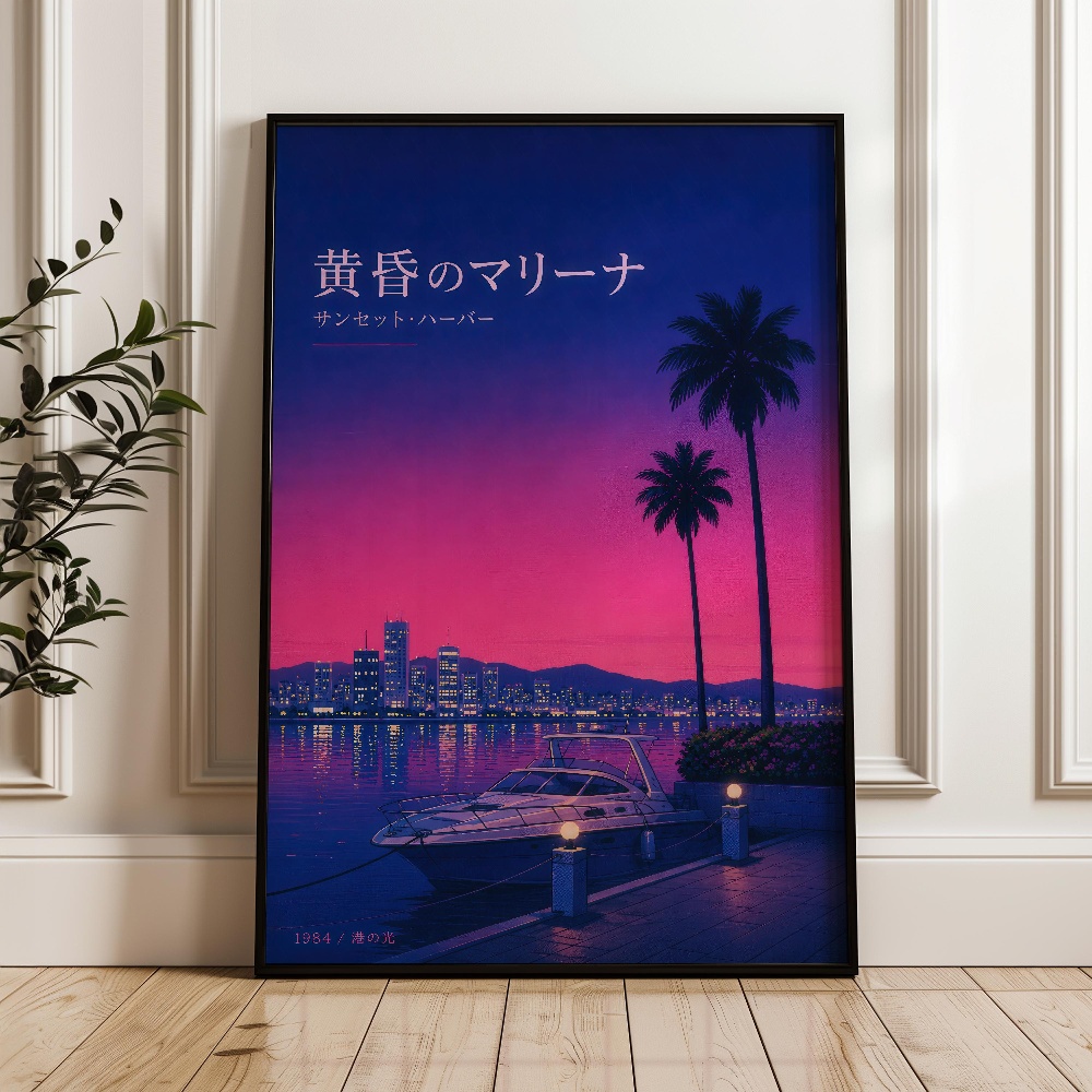 해변에서의 일본식 일몰 야경 레트로 증기파 웨이브 캔버 - Japanese Lifestyle Home 리뷰 및 가격